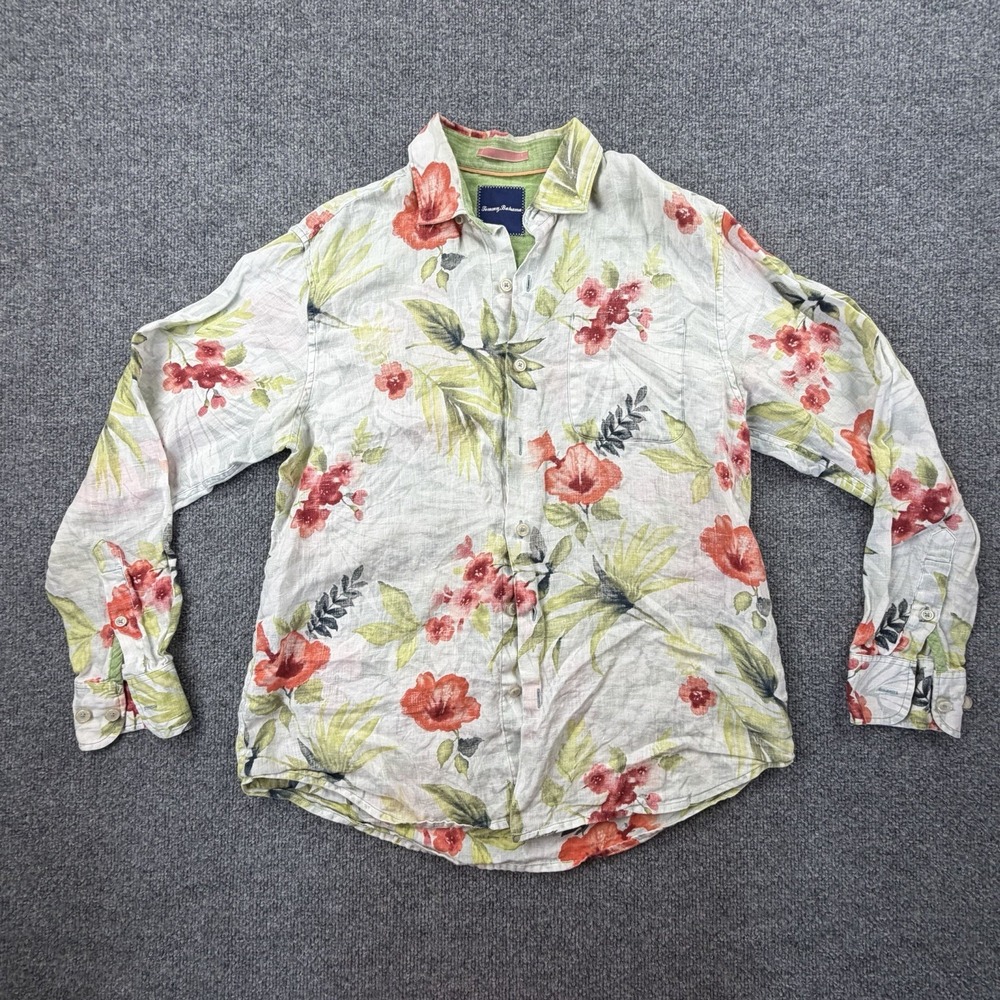 Tommy Bahama Mens 100% Linen Tropical Floral Hibiscus Button Down Shirt White L - Picture 2 of 8